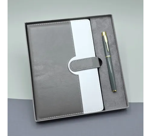 Gri Kutulu Deri Defter Roller Kalem Set