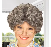 Gri Renk Kıvırcık Yaşlı Peruk Büyükanne Peruğu Astarlı Bonus