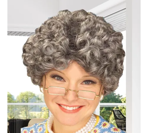 Gri Renk Kıvırcık Yaşlı Peruk Büyükanne Peruğu Astarlı Bonus