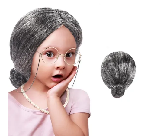 Gri Renk Yaşlı Peruğu Takma Saç Anneanne Babaanne Yetişkin Çocuk Uyumlu