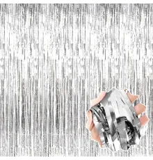 Gümüş Renk Ekstra Metalize Parlak Saçaklı Arka Fon Perde İthal 1x2 Metre