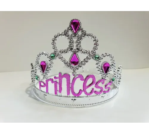 Gümüş Renk Prenses Yazılı Parti Tacı 60 cm