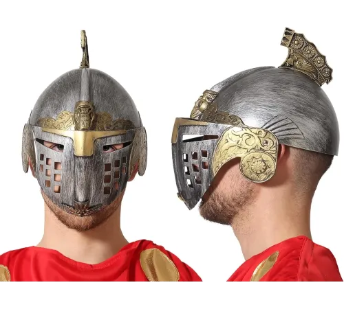 Gümüş Üzeri Altın Renk Oynar Başlıklı Romalı Bizans Kaskı Miğferi 25x20 cm