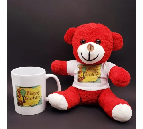 Happy Birthday Baskılı Kırmızı Ayı Ve Kupa Bardak Seti