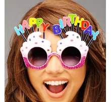Happy Birthday Yazılı Beyaz Fuşya Renk Parti Gözlüğü 12x7 cm