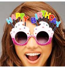 Happy Birthday Yazılı Beyaz Fuşya Renk Parti Gözlüğü 12x7 cm