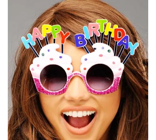 Happy Birthday Yazılı Beyaz Fuşya Renk Parti Gözlüğü 12x7 cm