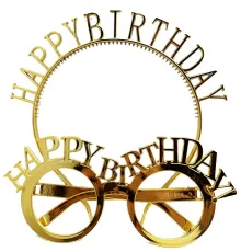 Happy Birthday Yazılı Taç ve Happy Birthday Yazılı Gözlük Seti Altın Renk