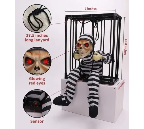 Hareketli Sesli Sensörlü Mahkum Görünümlü Kuru Kafa İskelet Dekorasyon 22x27 cm