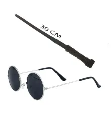 Harry Potter Asası 30 cm ve Siyah Metal Çerçeveli Harry Potter Gözlüğü Seti