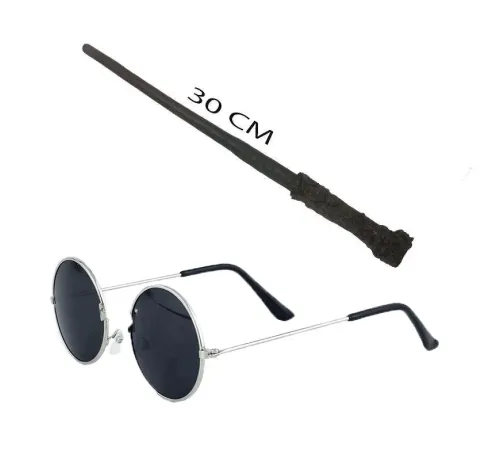 Harry Potter Asası 30 cm ve Siyah Metal Çerçeveli Harry Potter Gözlüğü Seti