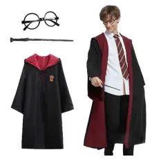 Harry Potter Gryffindor Kapişonlu Çocuk Kostüm + Asa + Gözlük Seti 5-6 Yaş