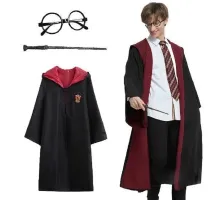 Harry Potter Gryffindor Kapişonlu Çocuk Kostüm + Asa + Gözlük Seti 7-8 Yaş