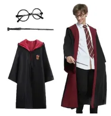 Harry Potter Gryffindor Kapişonlu Çocuk Kostüm + Asa + Gözlük Seti 9-10 Yaş