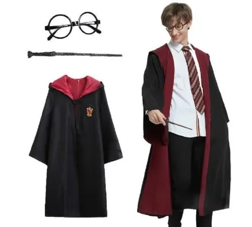Harry Potter Gryffindor Kapişonlu Çocuk Kostüm + Asa + Gözlük Seti 9-10 Yaş