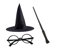 Harry Potter Siyah Şapkası Harry Potter Gözlüğü Harry Potter Asası 3 lü Set