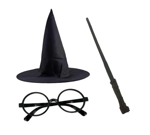 Harry Potter Siyah Şapkası Harry Potter Gözlüğü Harry Potter Asası 3 lü Set