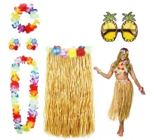 Hawaii Parti Kostüm Seti - 60 cm Hasır Etek, Çiçekli Aksesuarlar ve Ananas Gözlük