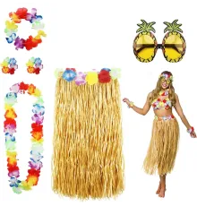 Hawaii Parti Kostüm Seti - 60 cm Hasır Etek, Çiçekli Aksesuarlar ve Ananas Gözlük