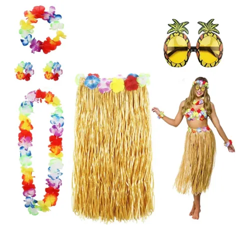Hawaii Parti Kostüm Seti - 60 cm Hasır Etek, Çiçekli Aksesuarlar ve Ananas Gözlük