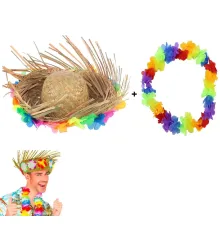 Hawaii Tarzı Tropikal Çiçekli Hasır Şapka ve Çiçekli Hawaii Kolye