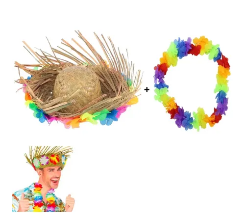 Hawaii Tarzı Tropikal Çiçekli Hasır Şapka ve Çiçekli Hawaii Kolye