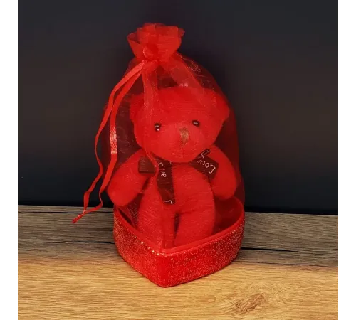 Hediyelik Kırmızı Tüllü Kese Ve Sevimli Ayıcık