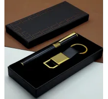 Hediyelik Siyah Kalem Ve Gold Deri Anahtarlık Kutulu Set