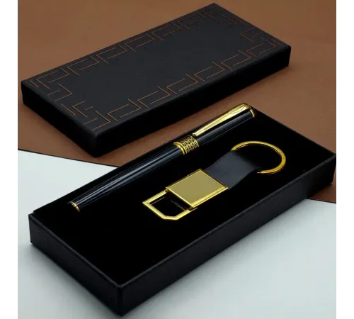 Hediyelik Siyah Kalem Ve Gold Deri Anahtarlık Kutulu Set
