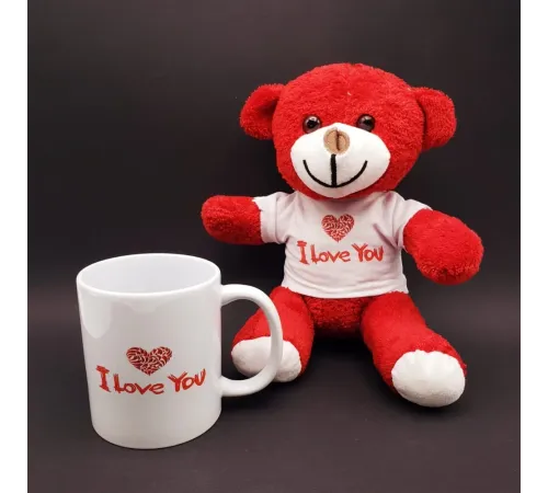 I Love You Baskılı Kupa ve Kırmızı Ayıcık Seti