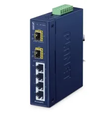 Industrial 4-Port 10/100BASE-TX + 2-Port 1000BASE-X SFP Ring Ethernet Switch (-40 to 75 degree C, dual 9~48V DC/24V AC, Fiber ports Switch/Ring mode via DIP switch, super-fast, fault-tolerant ring redundancy, PROFINET traffic pass-through with QoS)