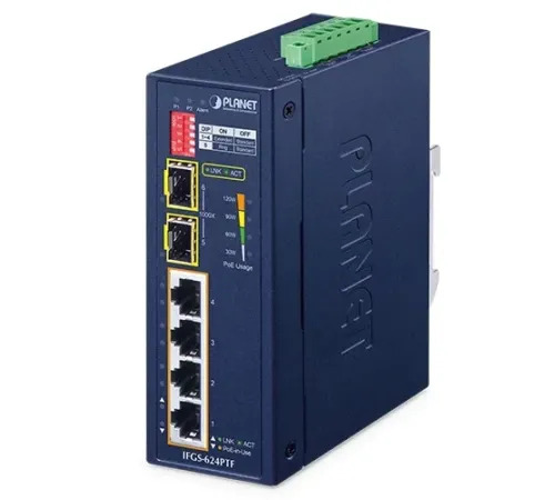 Industrial 4-Port 10/100TX 802.3at PoE + 2-Port 1000X SFP Ring Ethernet Switch