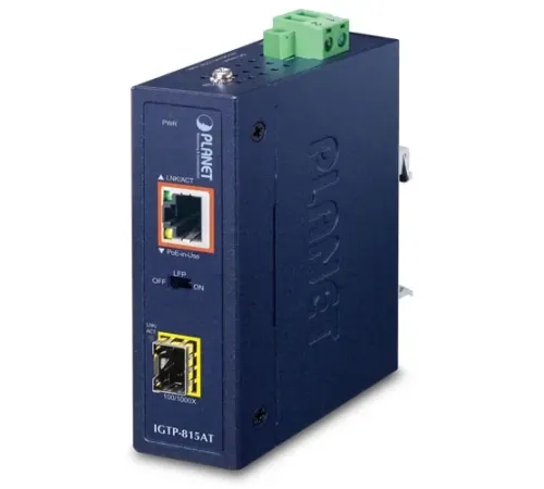 Industrial Compact 100/1000BASE-X to 10/100/1000BASE-T 802.3at PoE+ Media Converter