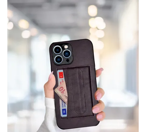 İPHONE 13 PRO MAX KARTLIKLI STANDLI LÜX DERİ KILIF MOR