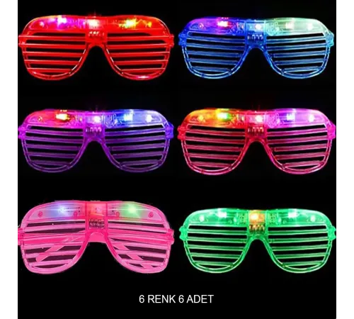 Işıklı Panjur Şeritli Led Parti Gözlüğü 6 Renk 6 lı Set