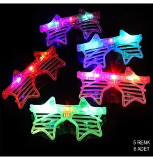 Işıklı Yıldız Şekilli Led Parti Gözlüğü 5 Renk 6 lı Set