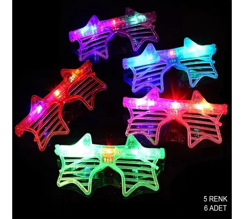 Işıklı Yıldız Şekilli Led Parti Gözlüğü 5 Renk 6 lı Set