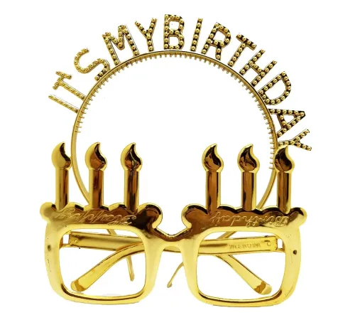 İt's My Birthday Yazılı Taç ve Mum Şekilli Gözlük Seti Altın Renk