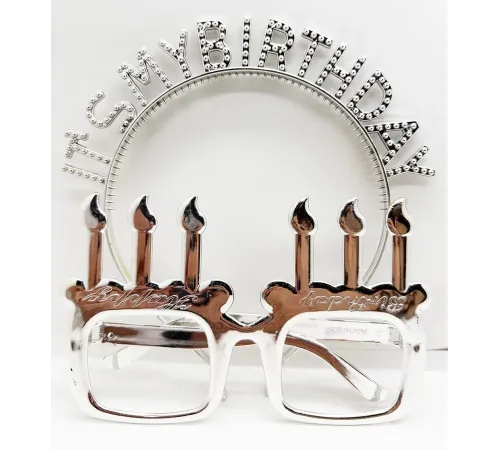 İt's My Birthday Yazılı Taç ve Mum Şekilli Gözlük Seti Gümüş Renk