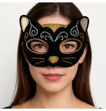 Kadife Dokulu Sim Detaylı Işıltılı Kedi Maskesi Altın Gümüş 20x13 cm