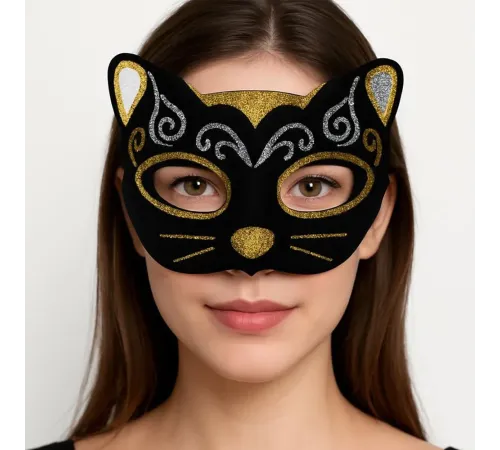Kadife Dokulu Sim Detaylı Işıltılı Kedi Maskesi Altın Gümüş 20x13 cm