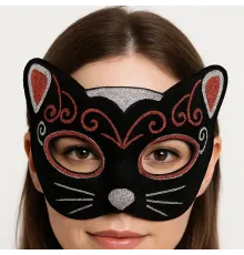 Kadife Dokulu Sim Detaylı Işıltılı Kedi Maskesi Kırmızı Gümüş 20x13 cm