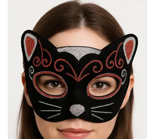 Kadife Dokulu Sim Detaylı Işıltılı Kedi Maskesi Kırmızı Gümüş 20x13 cm