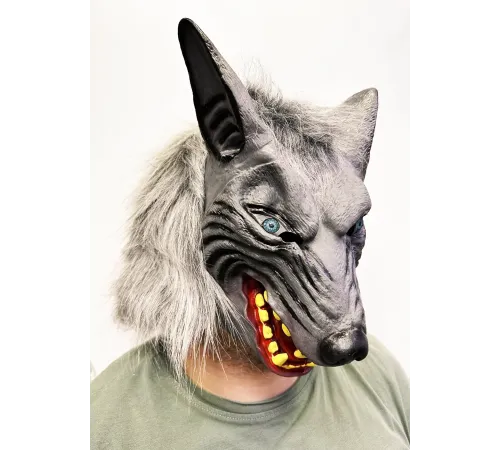 Kafaya Tam Geçmeli Lateks Mavi Gözlü Dişli Ağzı Açık Kurt Maskesi