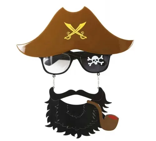 Kahve Renk Şapkalı Siyah Sakallı Pipolu Jack Sparrow Denizci Korsan Gözlüğü 24x25 cm