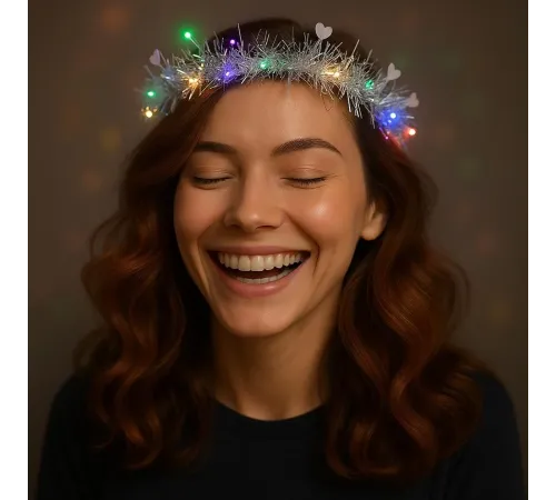 Kalp Püsküllü Gece Parıltısı 3 Modlu LED'li Işıklı Taç Gümüş Renk