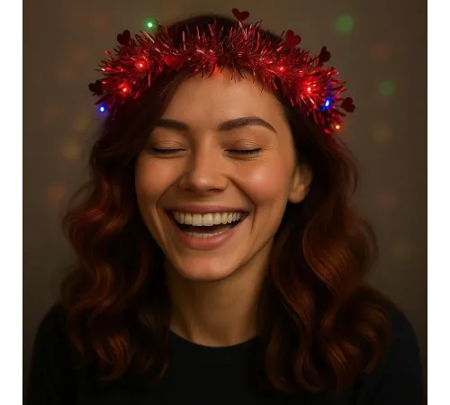 Kalp Püsküllü Gece Parıltısı 3 Modlu LED'li Işıklı Taç Kırmızı Renk