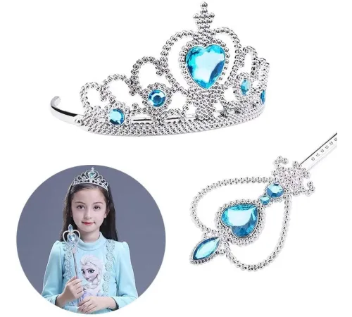 Karlar Ülkesi Elsa Mavi Kalpli Taç ve Mavi Asa Seti Çocuk Boy