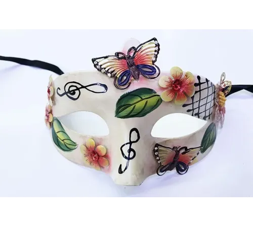 ve Çiçek İşlemeli Venedik Maskesi Kırmızı Renk 10x18 cm