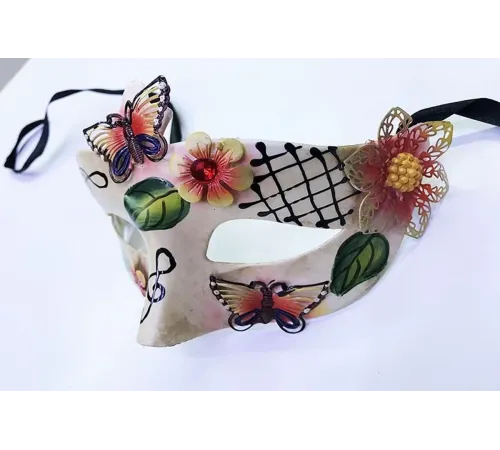 ve Çiçek İşlemeli Venedik Maskesi Kırmızı Renk 10x18 cm